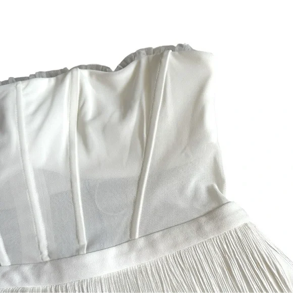 BCBGMaxAzria White Fringe Corset Midi Sheath Dress 14 Off-White Cocktail NWT - Picture 5 of 12
